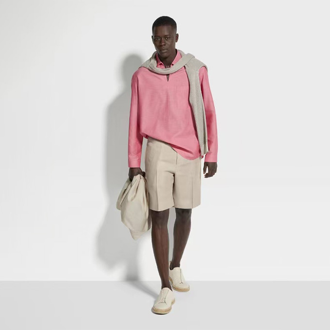 zegna oasi lino open collar v-neck linen shirt
